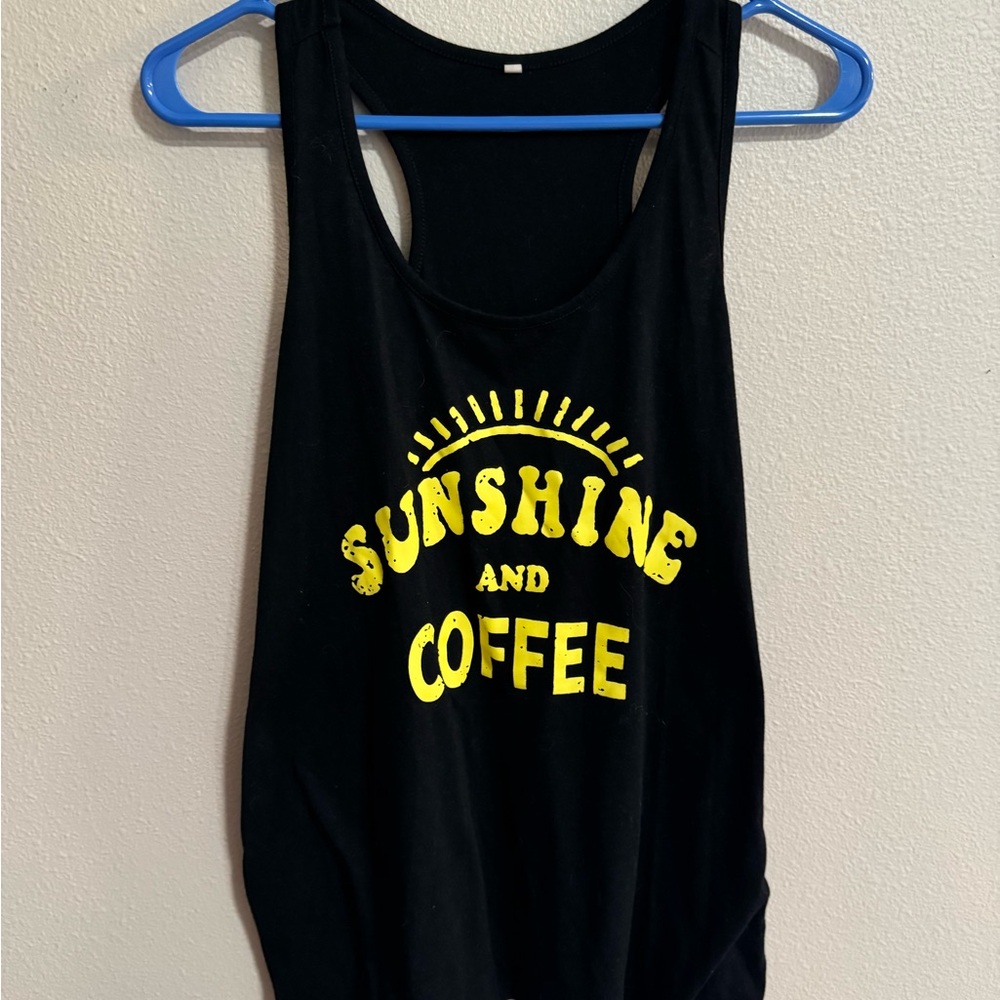 Black Tank Top with Yellow Sunshine and Coffee Print